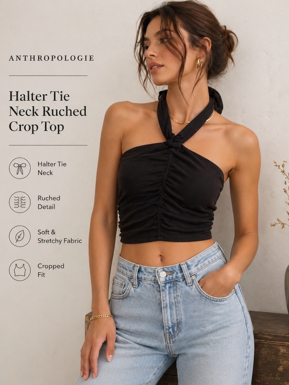 Anthropologie Halter Tie Neck Ruched Crop Top Black Size L